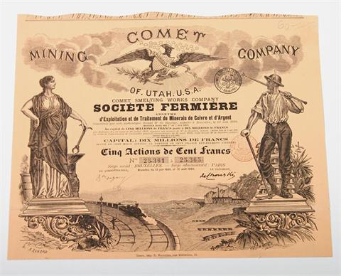 Comet Mining Company - 5 Aktien zu 100 Francs, Nr. 25361-25365, Brüssel 15.6 1888 und 15.8.1889, mehrfach gestempelt, entwertet,