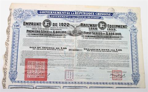 China / Staatsanleihe - 8%-Eisenbahnanleihe von 1922 zu 20 Pfund oder 1.200 belgischen Francs, erste Serie, Brüssel 1.12.1922,