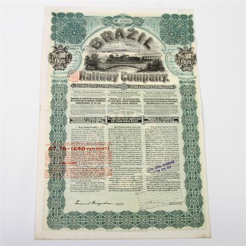 Brazil Railway Company - Aktie zu 500 Francs oder 19,17,5 Pfund, Nr. 17567, 1.7.1909,