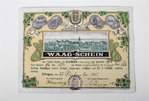 Waag-Schein / Ellingen - Waagschein für 123 Kg Hopfen, Ellingen 22.09.1905