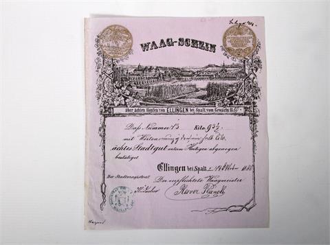 Waag-Schein / Ellingen - Waagschein für 93,5 Kg Hopfen, Ellingen 14.10.1880,