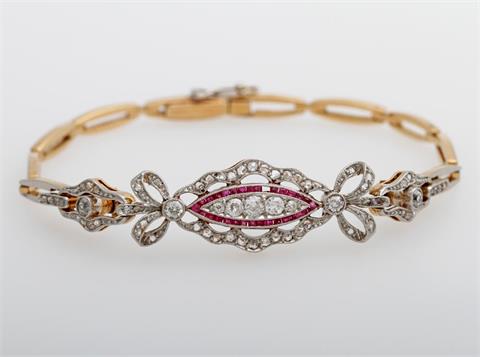 Armband Art Deco, besetzt mit Diamanten Altschliff und Rosen, Rubine (zwei St. fehlen)