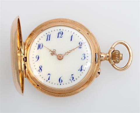 Kleine Damenumhängeuhr, um 1900, Rosé-Gold 14K (SD Metall). beidseitig guillochiert, Sprungdeckel m. floralen Motiven verziert,