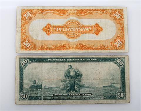 USA - 2 Scheine: 50 Dollars Federal Reserve Bank, Serie von 1914, New York, Blaues Siegel + 50 Dollars in Gold Coin, Serie von
