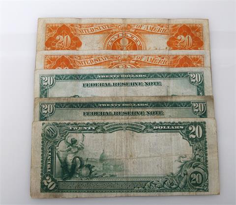 USA - 5 Scheine: 2 x 20 Dollars Federal Reserve Bank, Serie 1914, New York und Chicago, Blaues Siegel + 2x 20 Dollars in Gold