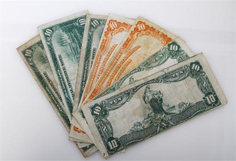 USA - 7 Scheine: 3 x 10 Dollars Federal Reserve Bank, Serie 1914, 2 x blaues/1 x rotes Siegel + 2 x 10 Dollars in Gold Coin,