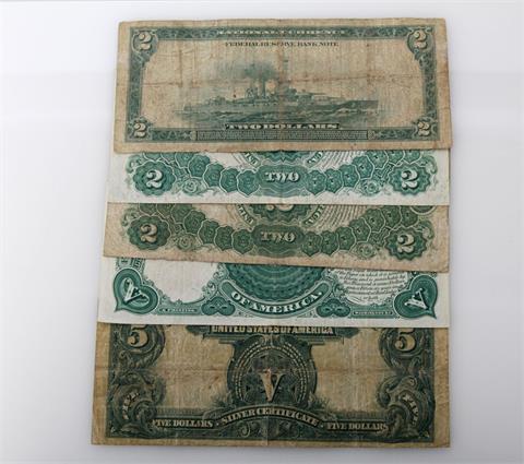 USA - 5 Scheine: 2 x 2 Dollars United States Note, Serie 1917 + 2 Dollars Federal Reserve Bank of San Fransisco, Serie 1918 + 5