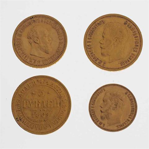 Russland / Gold - 4 Münzen: 10 Rubel 1899, Moskau, Y 64 + 5 Rubel 1869, St. Petersburg, Y B26 + 5 Rubel 1890, Moskau,  Y 42 + 5