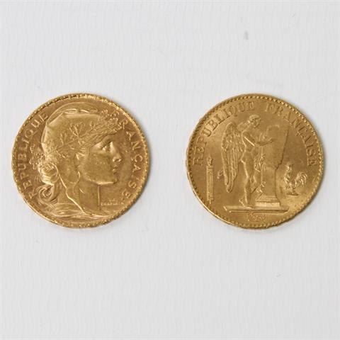 Frankreich / Gold - 2 x 20 Francs: 1895 A und 1911, KM 825 und KM 857,
