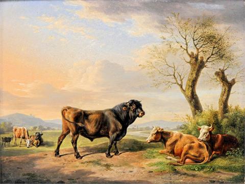 KUNTZ, RUDOLPH (1797-1848): Bulle mit Kuhherde in sommerlicher Landschaft, 1841.