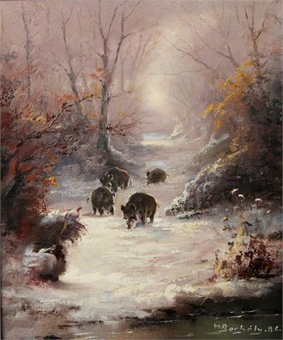 BORBÉLY, MICHAEL (1923 Ungarn): Winterlicher Wald mit Wildschweinrotte.