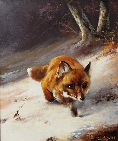 BORBÉLY, MICHAEL (1923 Ungarn): Winterlicher Wald mit Fuchs.