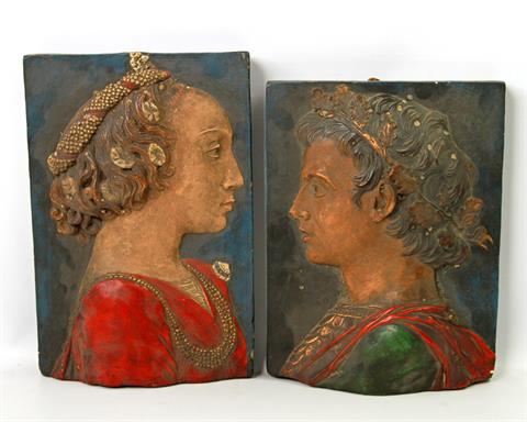2 Reliefbilder mit Profilbildnissen, Gips, 1. H. 20. Jh.