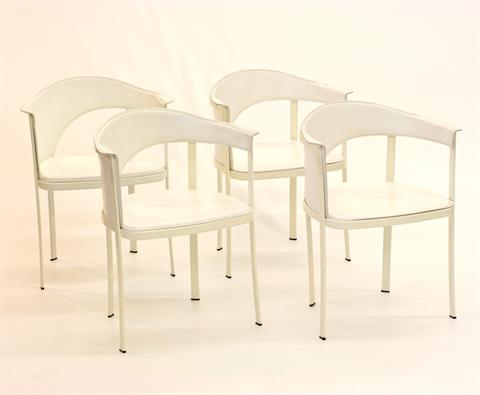 Satz 4 Stühle, Metall weiß lackiert mit weißem Bezug (wohl Leder).