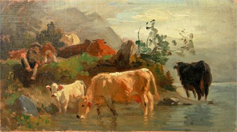 VOLTZ, FRIEDRICH ATTR. (1817-1886): Kuhhirt mit Kuhherde an einem Bergseeufer.