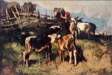BRAITH, ANTON (1836-1905): Bauern mit Jungvieh auf der Weide, 1874.