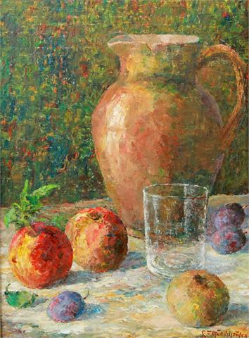 MÜNCHHAUSEN, C. (wohl Cläre) VON (1898 - 1991): Früchtestillleben mit Krug und Glas.