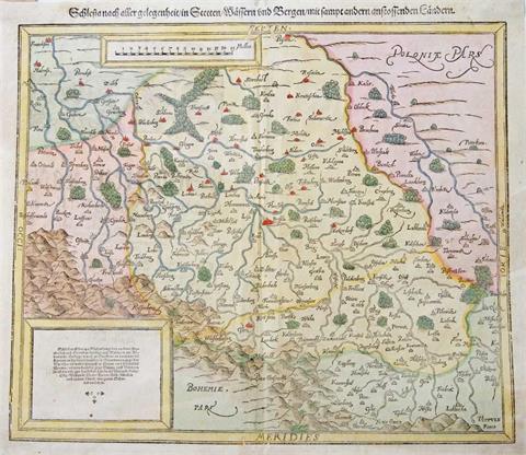 Historische Landkarte von Schlesien, dat, 1587, Holzschnitt coloriert.
