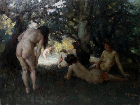 PAEDE, PAUL (1868-1929): Badende junge Frauen an einem Waldsee, 1909.