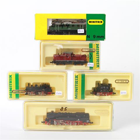 Minitrix Konvolut von 5 Lokomotiven 2053, 12835, 12015, 2048 und 2033, Spur N.