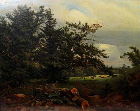 CROLL, GEORG HEINRICH/CROLL (1804-1879): Waldlichtung mit Kuhhirten und großer Eiche in Abendstimmung, 1831.