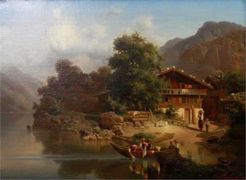 HÖFER, HEINRICH (1825-1878): Bergbauernhof mit Figurenstaffage an alpinem Bergsee, 1866.