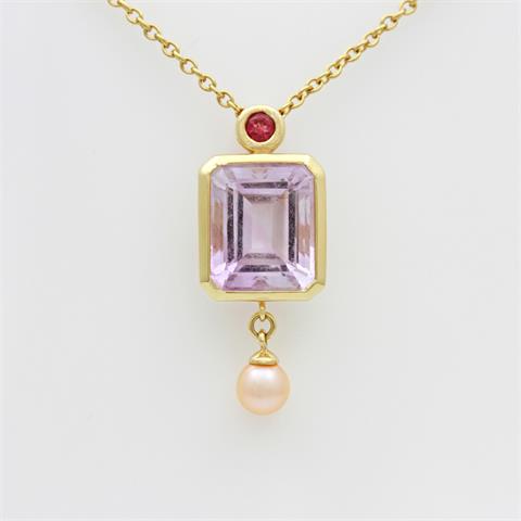 Collier GG 14 K mit Anhänger besetz mit Amethyst, zwei 8/8 Diamanten, rosa Turmalin und eine rosèfarbene Zuchtperle.