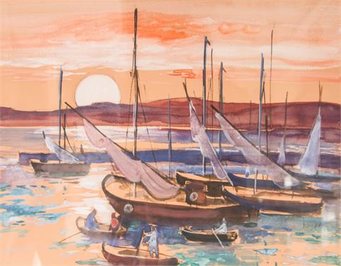 HARTMANN, NORBERT G. (1914-1969): Spanische Fischbotte im Sonnenuntergang, 1956.