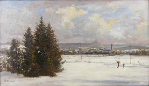 KORNBECK, JULIUS (1839-1920): Verschneite Winterlandschaft mit Blick auf ein schwäbisches Dorf.