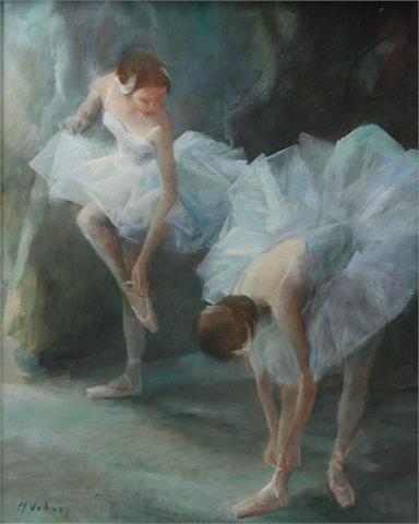 VRBOVA, MARIE (1909-1991): Zwei Ballett-Tänzerinnen beim Schuhe-Binden.