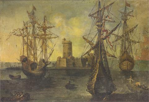 Marinemaler (18. Jh.): Seegelschiffe vor Küstenfestung.