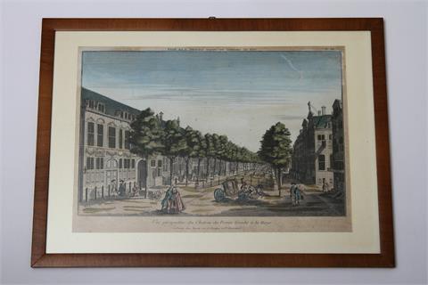 Guckkastenbild, handcolorierter Kupferstich 'Vue perspective du Chateau du Prince Gracht a la Haye', wohl 1750/1800.