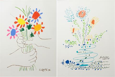 Konvolut: 2 Bl. Farbdrucke Pablo Picasso: "Hände mit Blumenstrauß", 1958; "Blumen", 1961.