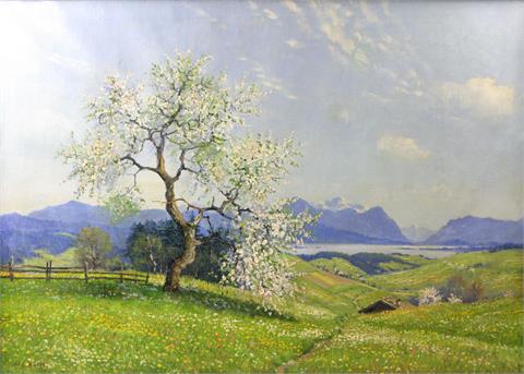 HANFT, WILLI (1888 - 1987): Alpine Frühlingslandschaft mit blühendem Obstbaum.