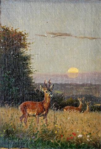 RECKNAGEL, OTTO (1845-1926): Rehfamilie im Sonnenuntergang, 1913.
