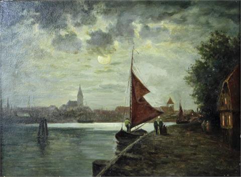 PYKA, WILHELM (1874 - ?): nordische Hafenansicht bei Mondschein.