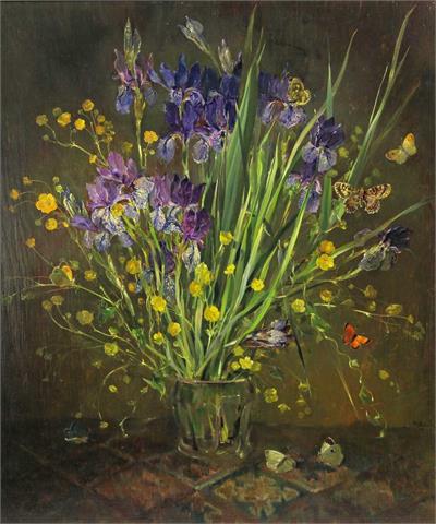 SCHÖN, W. (19./20. Jh.): Iris- und Butterblumenstrauß in Vase.