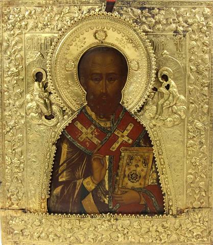 Ikone: Heiliger Nikolaus, Russland 19. Jh., mit Messingoklat.