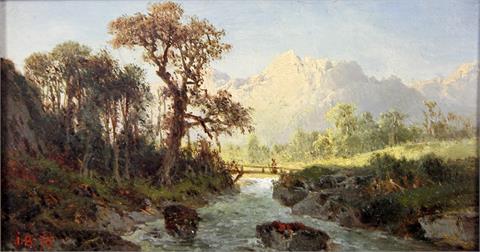 BRUNNER, JOSEF (Attrib.) (1826 - 1893): Flusslandschaft vor Gebirgsmassiv - wohl Montafontal.