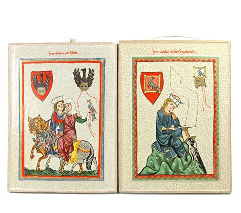 KARLSRUHER MAJOLIKA zwei Wandkacheln mit Darstellungen aus der "Manessischen Liederhandschrift", 20.Jh.,