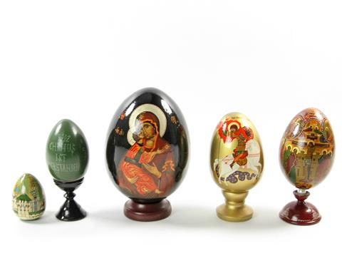 Konvolut Lackmalerei: 5 Holz-Eier, Russland 20. Jh.