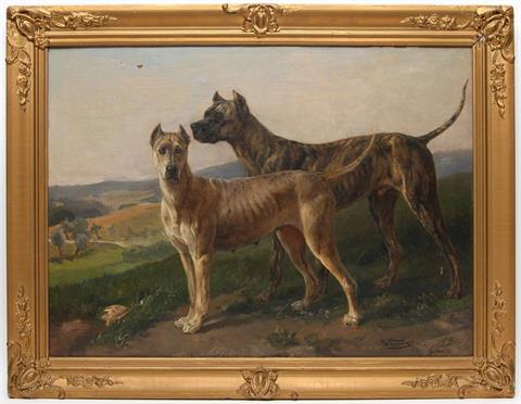 WEINBERGER, ANTON (1843-1912): Hunde-Doppelporträt von zwei Deutschen Doggen, 1887.