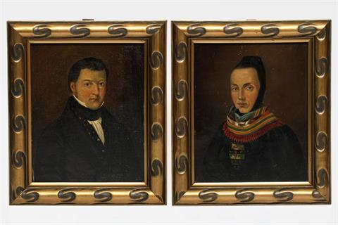 UNDEUTL. BEZ. SEPPETONI (?): 2 Einzelporträts des Ehepaars Strakau (?), Schneidemeister, Neustadt/Schwarzwald.