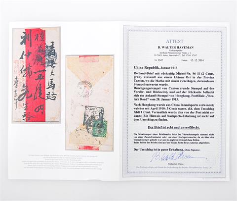 China, Republik - Januar 1913, ROTBAND Brief CANTON > HONGKONG,