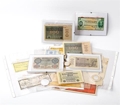 Deutschland / USA - Ca. 20 Banknoten, Wertpapiere und gefälschte bzw. als gestohlen gemeldete Reisechecks,