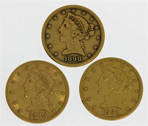 USA / Gold - 3 x 5 Dollars, 1898 S, 1900 und 1901 S, Coronet Head,
