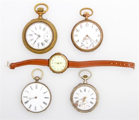 Konvolut: Vier Taschenuhren und eine Damenuhr, Lepine, Gehäuse Silber und Metall, um 1900,