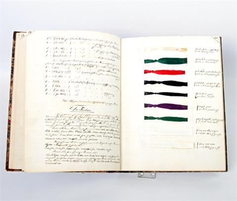 Außergewöhnliches handgeschriebenes Brevier um 1850 zur Seidenfabrikation mit edlen Stoffproben.