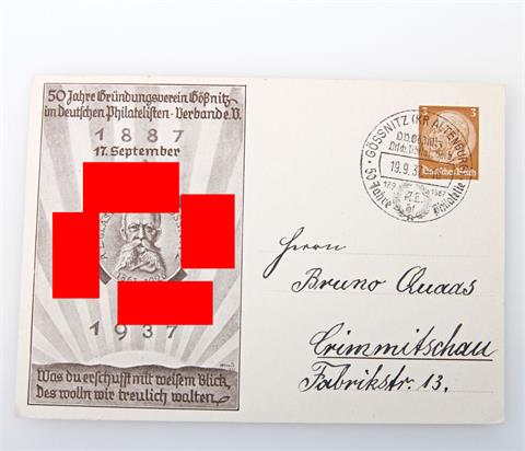 Postkarte - Philatelisten-Verband: 50 Jahre Gründungsverein Gößnitz 1937,