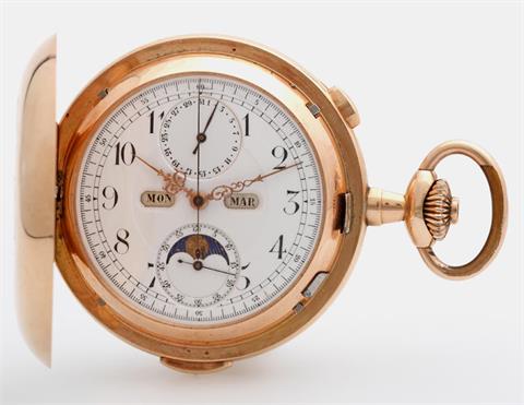TEMPORA Taschenuhr, Savonette, um 1900, mit Repetition, Kalender, Mondphase und Chronograph. Gehäuse Rosé-Gold 14K